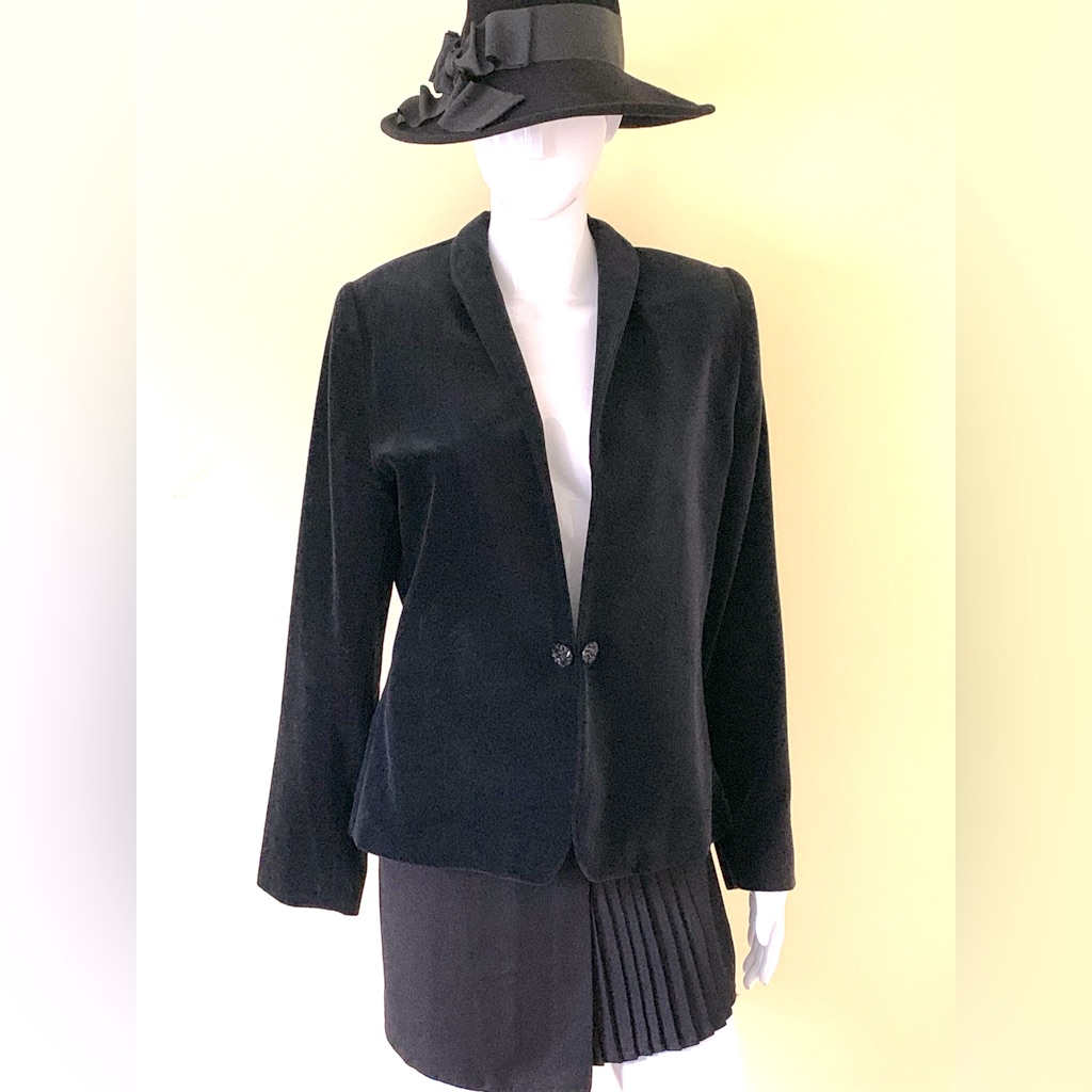 Black Thick Cotton Velvet Blazer Single Button Tuxedo Shawl Collar High Neck 12